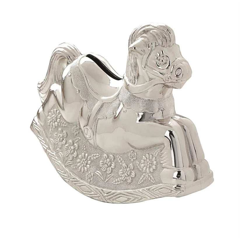 Silver Plated Rocking Horse Money Box – Engravable Keepsake Gift for New Baby