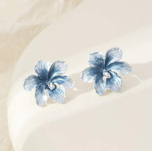 Silver Stud Earrings with Large Blue Flower