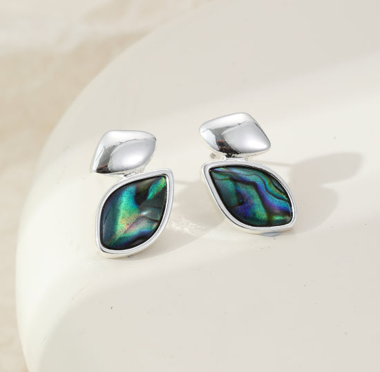 Silver Stud Earrings with Mother of Pearl Green Abstract Leafs