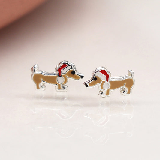 Sterling Silver Christmas Dachshund Dog Earrings - POM