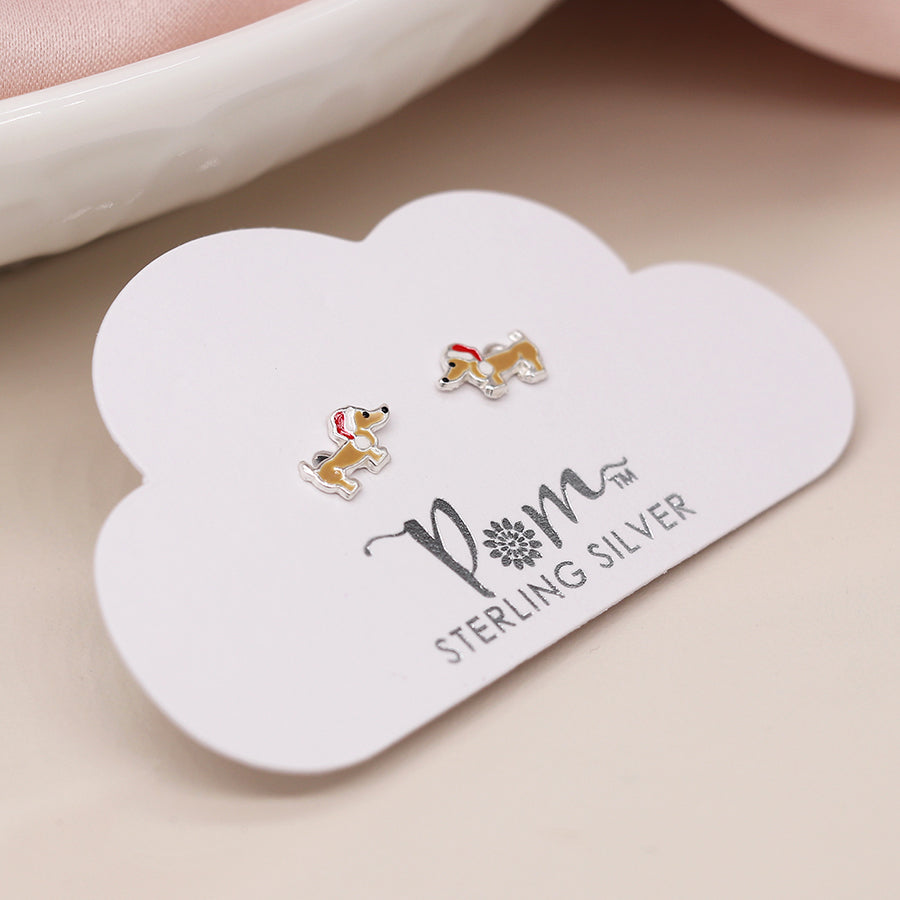 Sterling Silver Christmas Dachshund Dog Earrings - POM