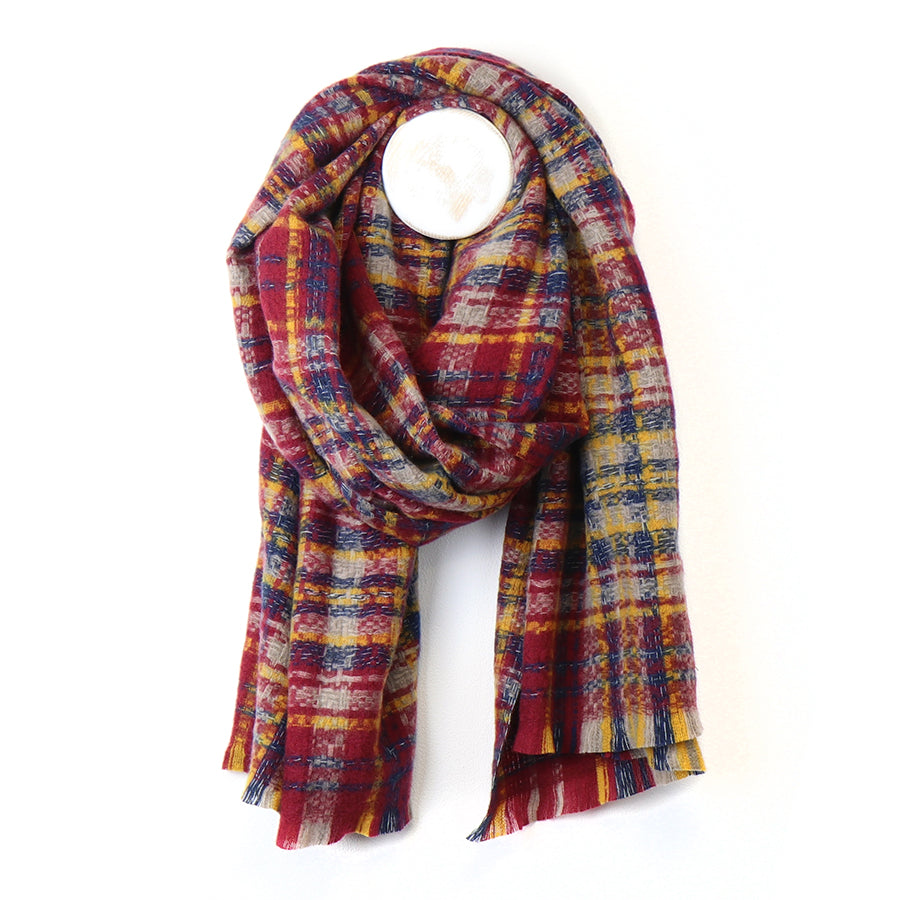 Red & Navy Tartan Check Scarf – Soft Wine, Navy, and Mustard with Fringe Ends