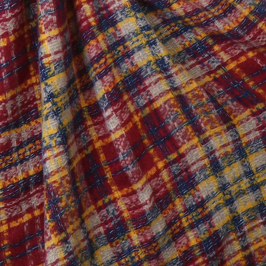 Red & Navy Tartan Check Scarf – Soft Wine, Navy, and Mustard with Fringe Ends