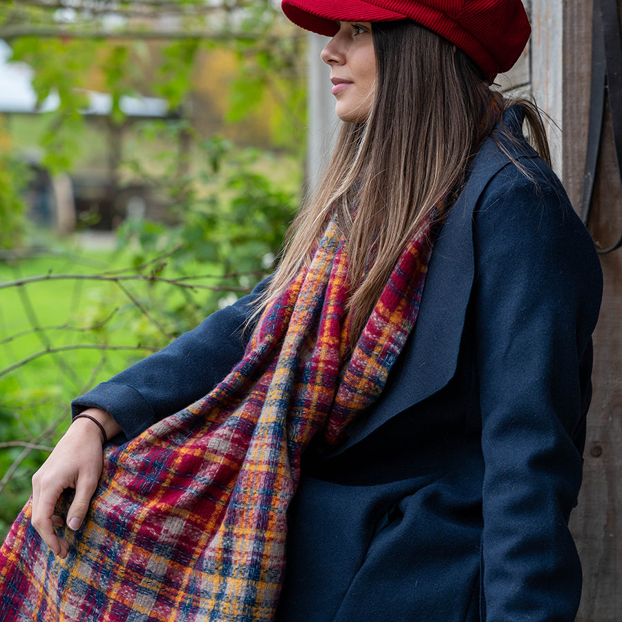 Red & Navy Tartan Check Scarf – Soft Wine, Navy, and Mustard with Fringe Ends