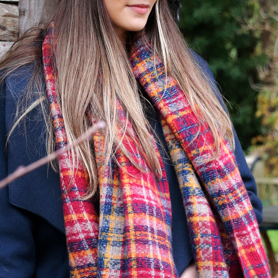 Red & Navy Tartan Check Scarf – Soft Wine, Navy, and Mustard with Fringe Ends