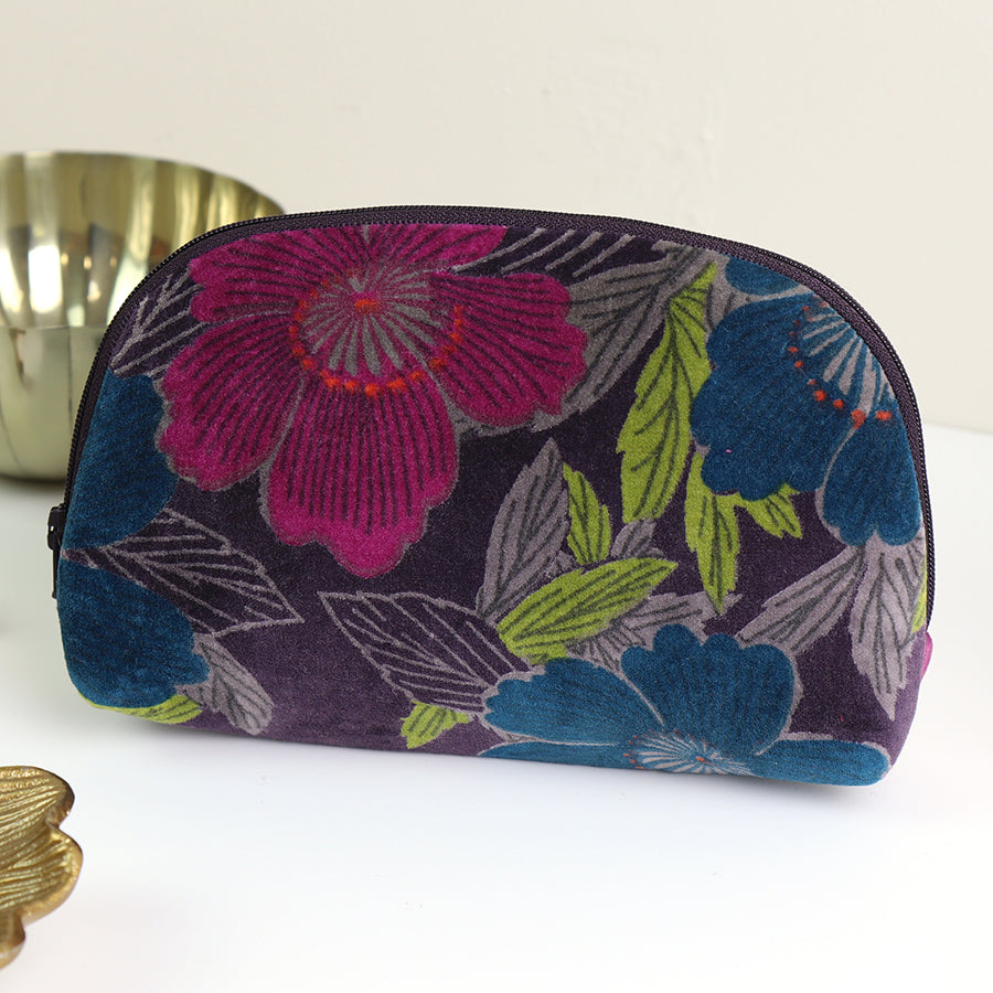 Botanical Velvet Make-Up Bag – Teal & Plum Print with Dotty Contrast Lining