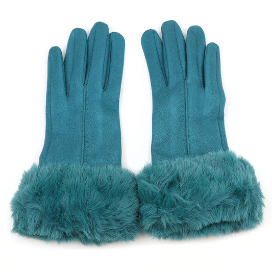 Teal Faux Suede Gloves with Faux Fur Wrist Cuff – Stylish Winter Gloves