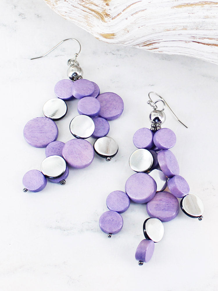 Suzie Blue Purple and Silver Disc Earrings: Unique Handcrafted Statement Jewellery. Available at Sweet P, Burnside, Glasgow