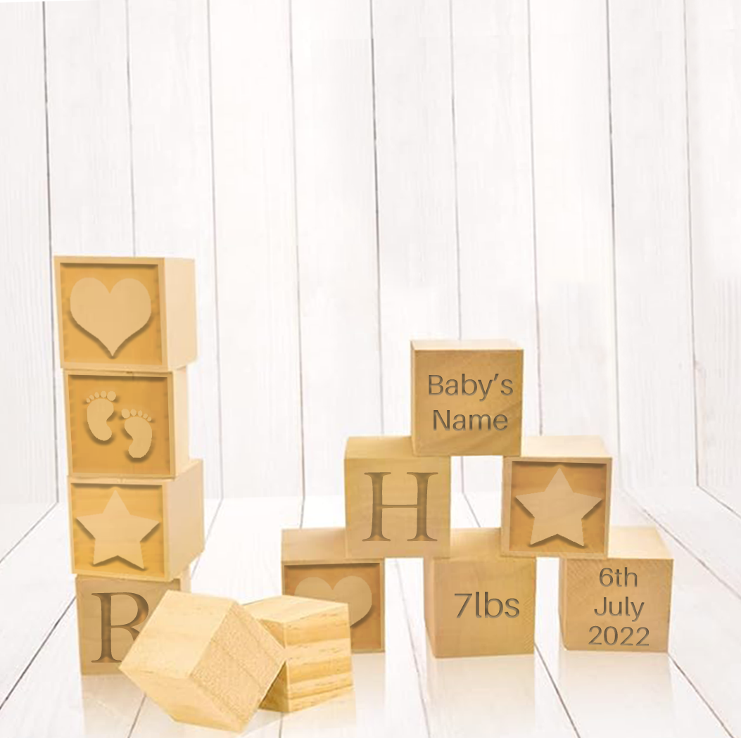 Personalised Baby Cubes Set | Custom Engraved with Name, Birth Date & Designs