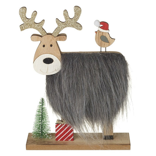 Wooden Reindeer With Fur Body And Robin Decoration