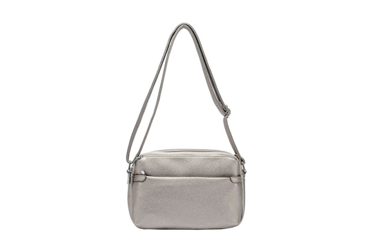 Crossbody Camera Bag - Soft Faux Leather, Triple Zip Compartments - Silver