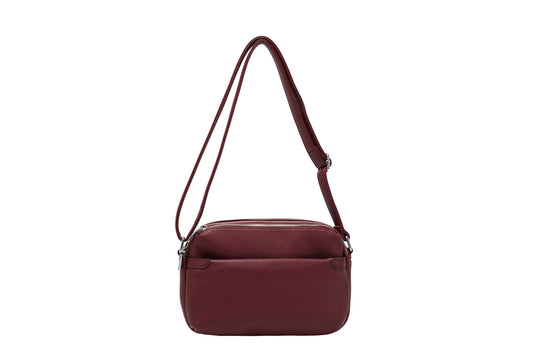 Crossbody Camera Bag - Soft Faux Leather, Triple Zip Compartments - Dark Red