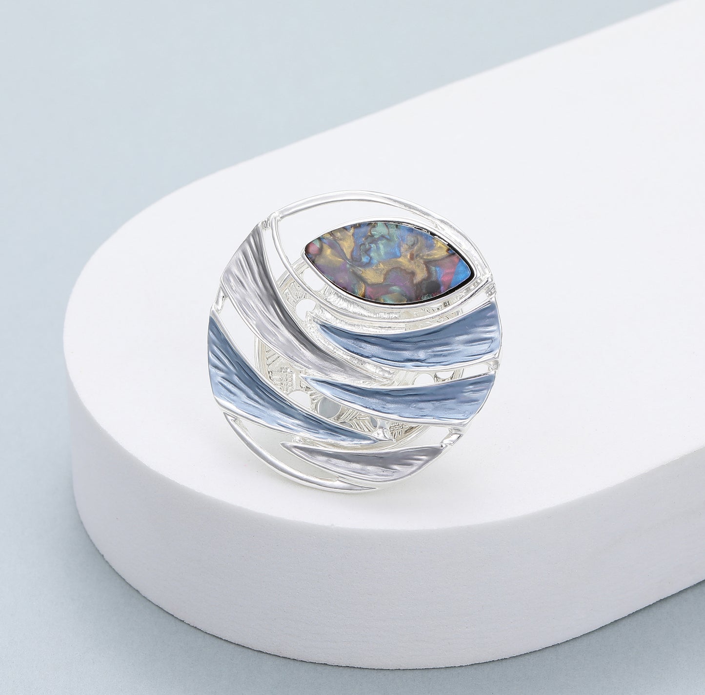 Gracee Jewellery Silver Plated Magnetic Brooch | Elegant Blue and Silver Design with Mother-of-Pearl Insert. Available at Sweet P, Burnside, Glasgow