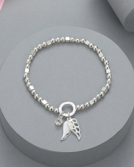 Gracee Jewellery Silver Plated Bracelet with Angel Wing Charm | Adjustable Stretch Design. Available at Sweet P, Burnside, Glasgow