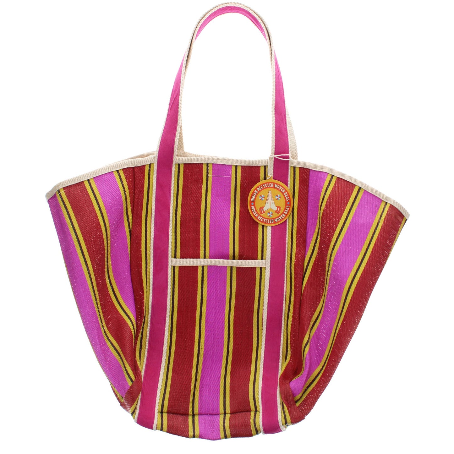Bold Recycled Woven Tote Bag – Striped Yellow, Pink & Red Shopper with Canvas Handles