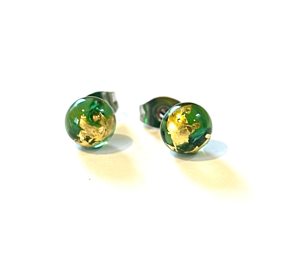 Handmade Green & Gold Whisky Glass Stud Earrings
