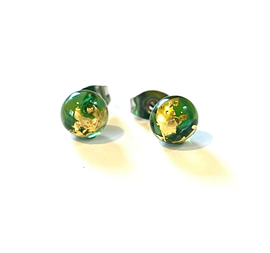 Handmade Green & Gold Whisky Glass Stud Earrings