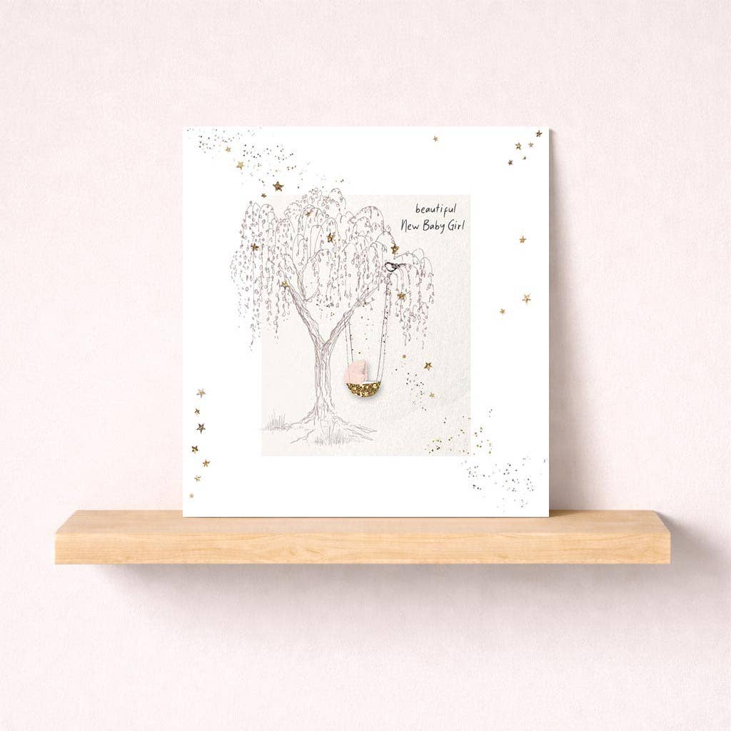 New Baby Girl Card - Basket In A Tree