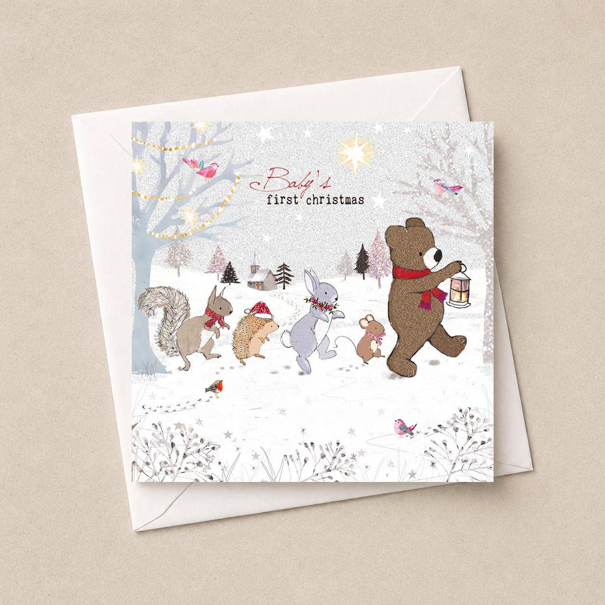 Baby's First Christmas Card - Lantern Bear & Animals
