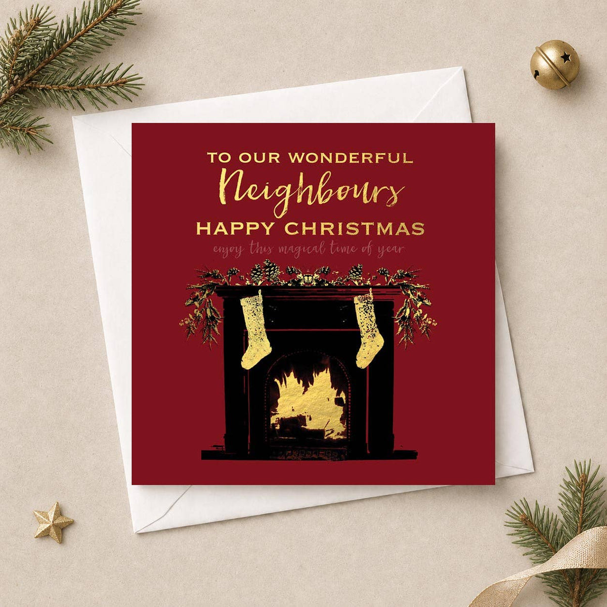Neighbours Christmas Card - Fireplace, Stockings & Foliage