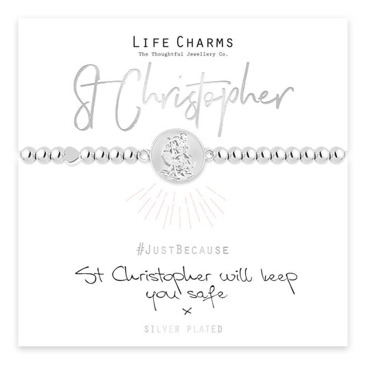 St.Christopher Will Keep You Safe Silver Heart Beaded Bracelet - Life Charms Jewellery