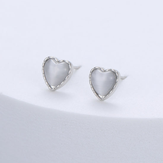 Silver-Plated Heart-Shaped Stud Earrings with Grey Inlay - Gracee Jewellery