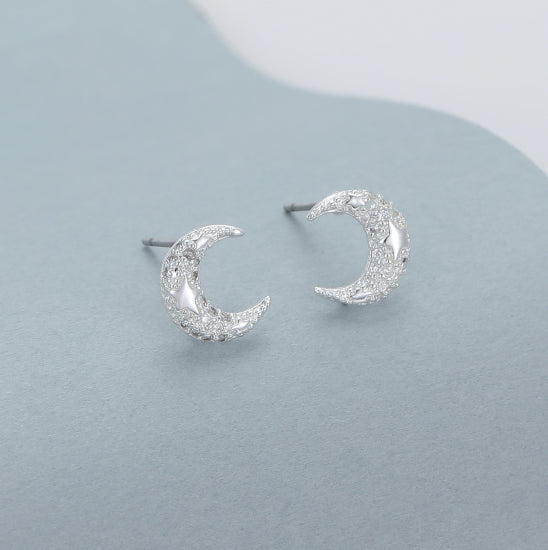 Silver-Plated Crescent Moon and Star Crystal Stud Earrings - Gracee Jewellery