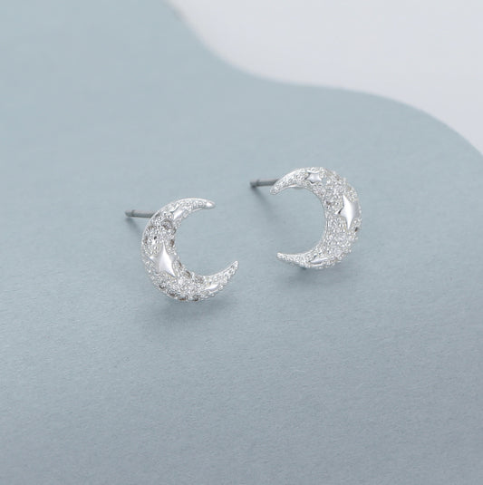 Silver-Plated Crescent Moon and Star Crystal Stud Earrings - Gracee Jewellery