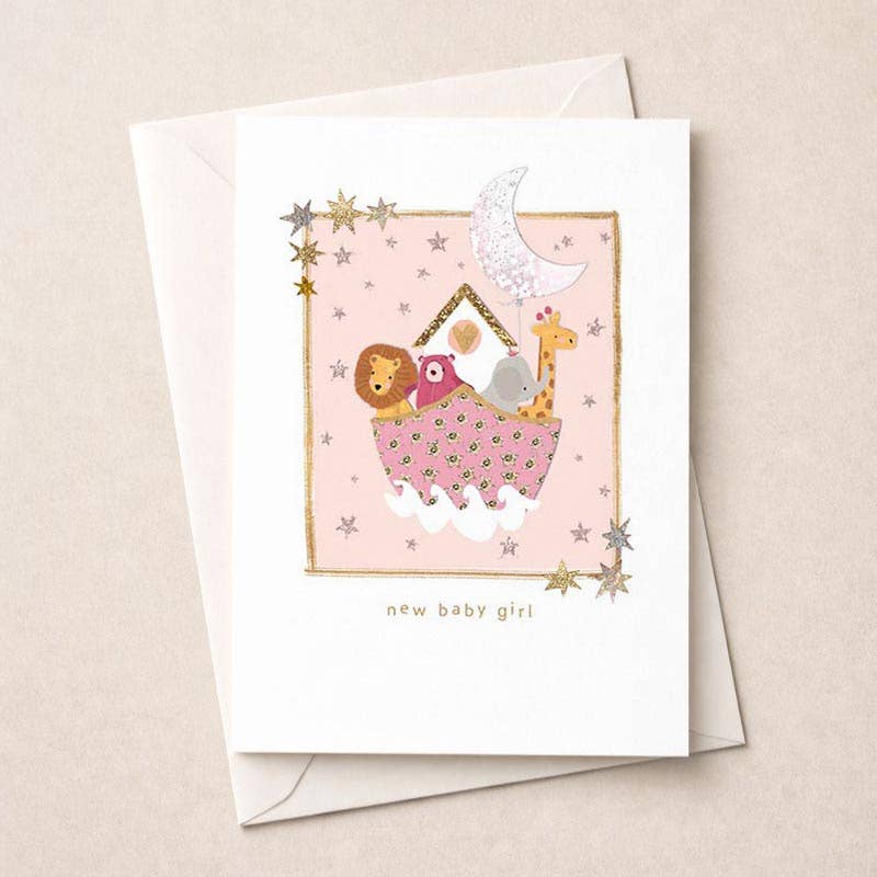 New Baby Card - Animals In A Pink Boat