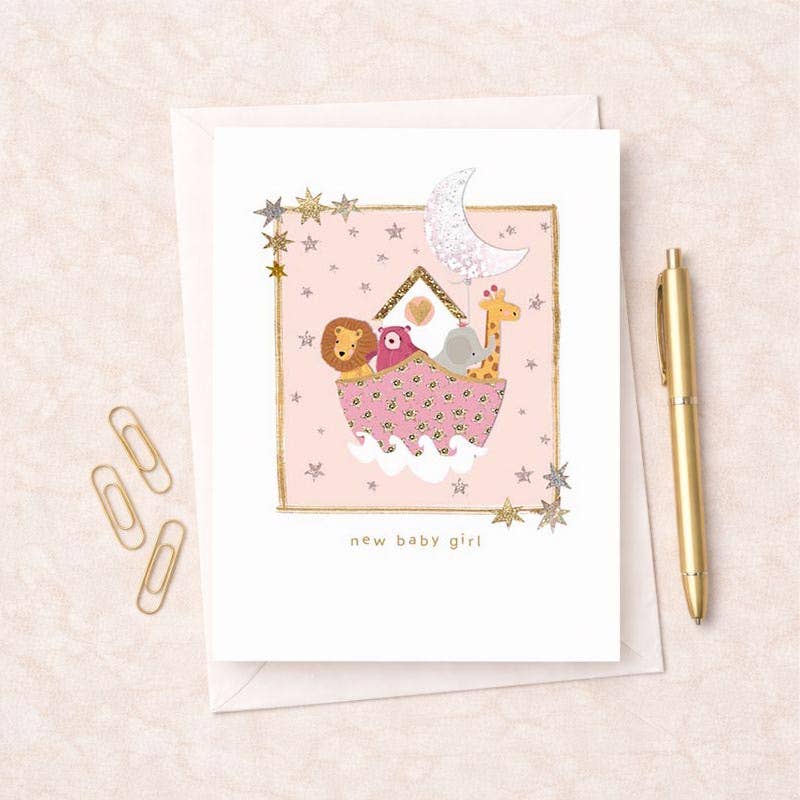 New Baby Card - Animals In A Pink Boat