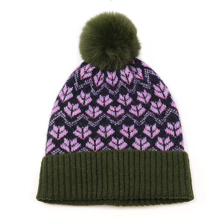 Lilac & Khaki Scandi Flower Bobble Hat