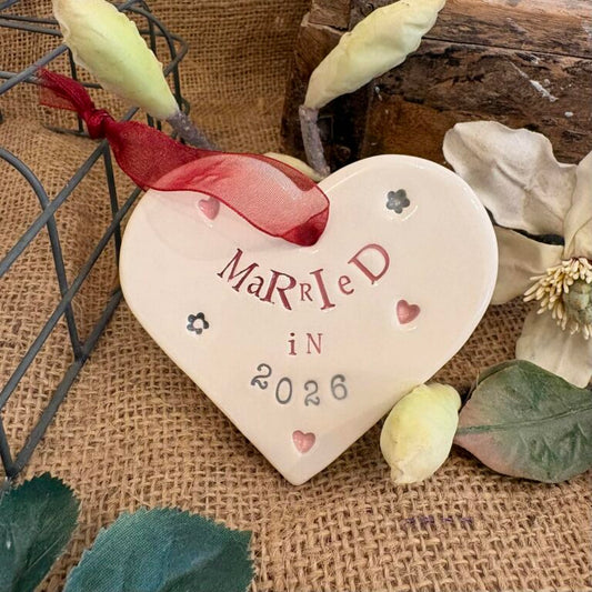 Married in 2026 - Handmade Hanging Ceramic Heart with Thoughtful Message