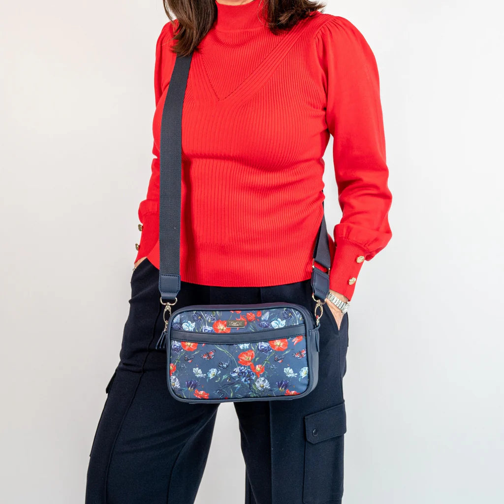 Mia Tui Aspen Poppy and Navy Crossbody Bag. Available at Sweet P, Burnside, Glasgow