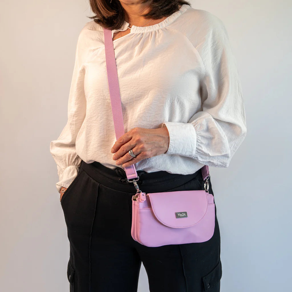 Isobel Pink Lavender Crossbody Bag with RFID Protection and Multiple Compartments. Available at Sweet P, Burnside, Glasgow