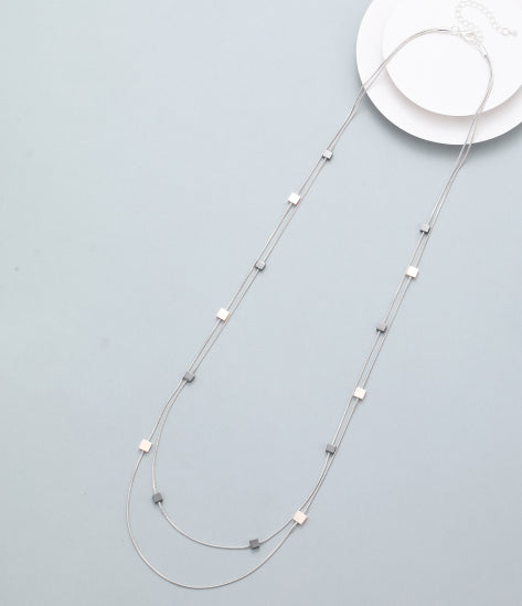 Silver-Plated Double-Strand Necklace – Rose Gold & Black Cube Detailing