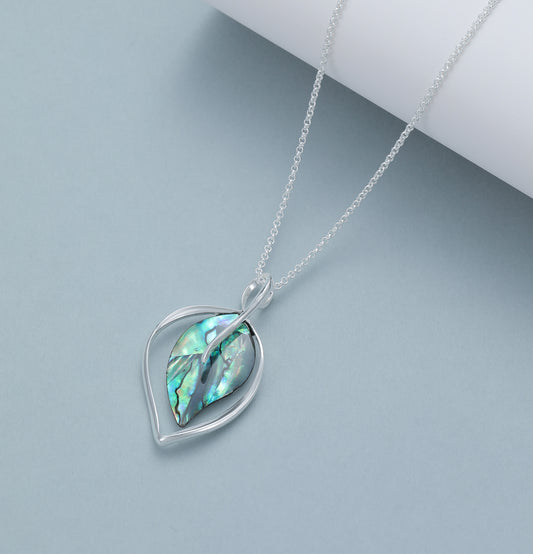 Gracee Jewellery Silver Plated Necklace with Green Mother-of-Pearl Leaf Pendant. Available at Sweet P, Burnside, Glasgow