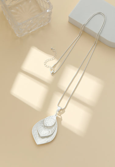 Silver-Plated Long Necklace with Hammered Leaf Pendant - Gracee Jewellery