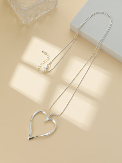 Silver-Plated Long Necklace with Open Heart Pendant - Gracee Jewellery