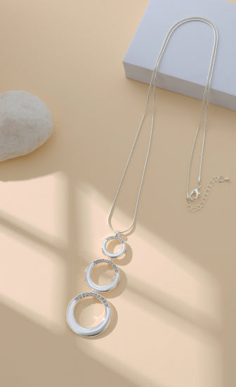 Long Silver-Plated Necklace with Crystal Circle Pendants - Gracee Jewellery