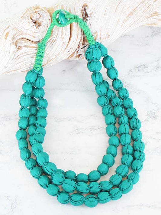 Suzie Blue TRIPLE STRAND FABRIC BALL NECKLACE